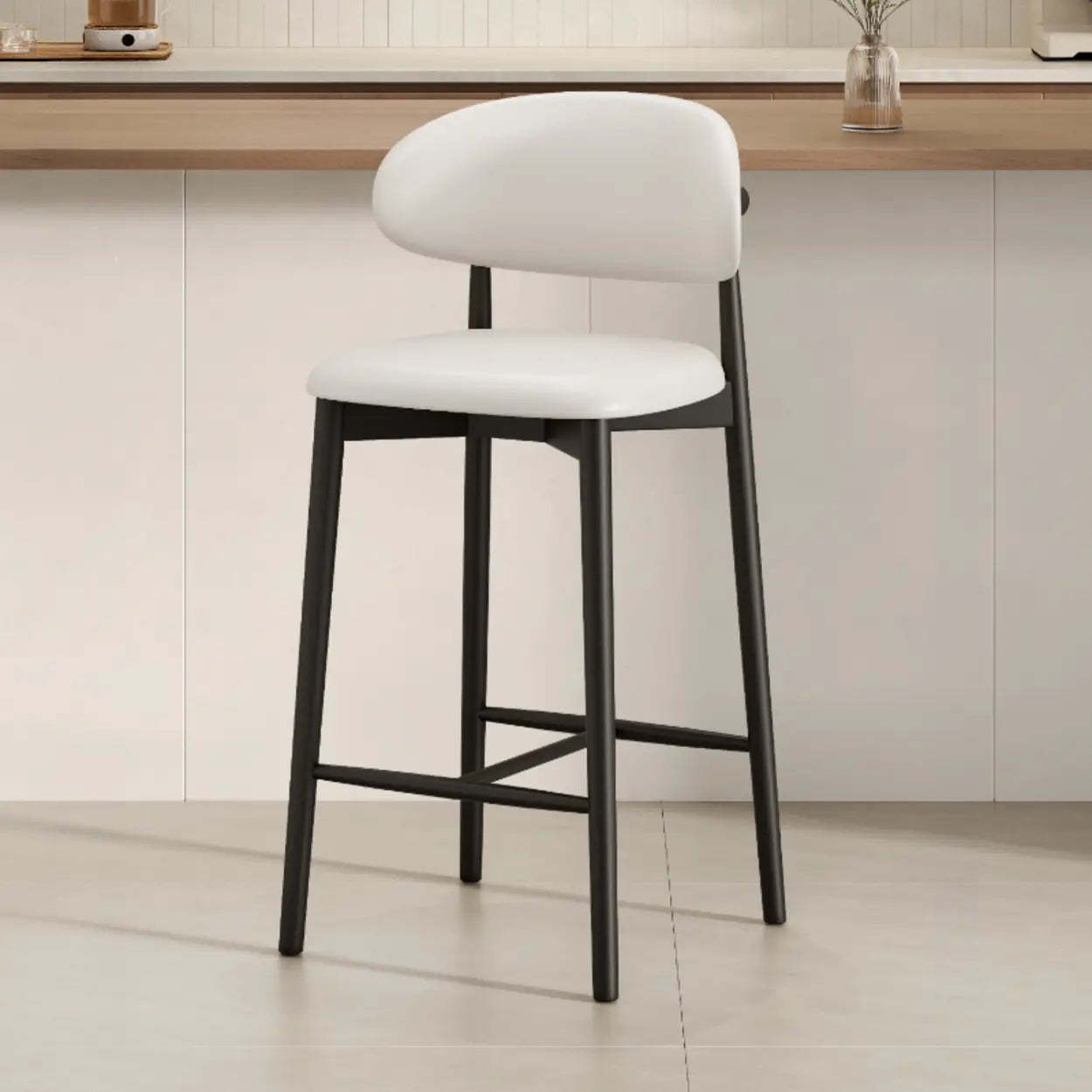 Modern Upholstered Low-Back Counter Bar Chair — Cotton & Linen / Light Brown