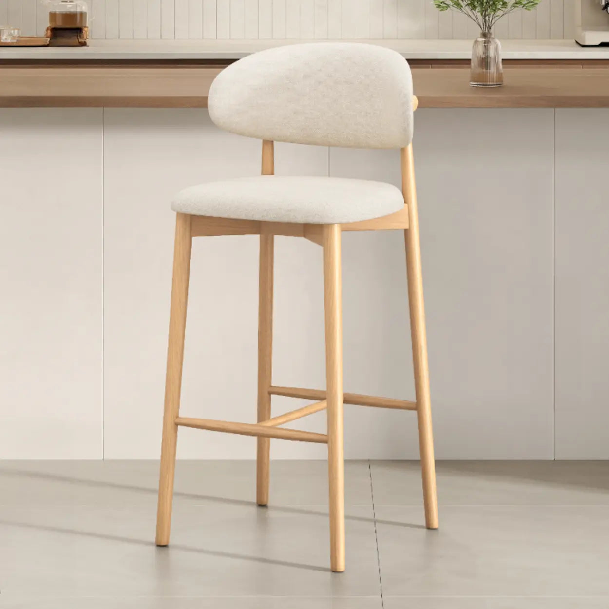 Modern Upholstered Low-Back Counter Bar Chair — Cotton & Linen / Light Brown