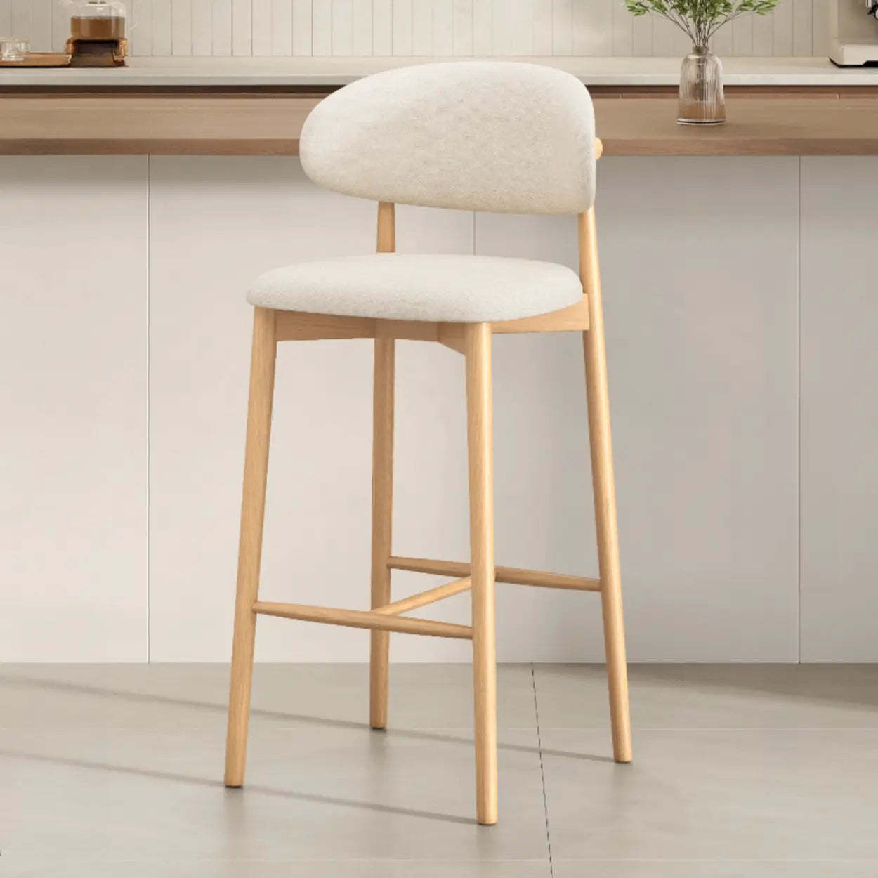 Modern Upholstered Low-Back Counter Bar Chair — Cotton & Linen / Light Brown