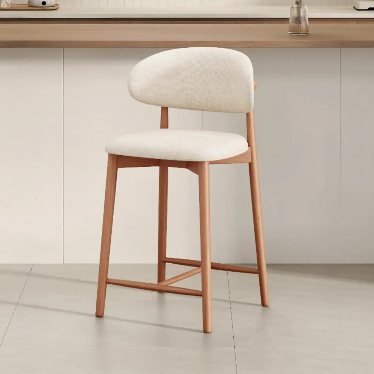 Modern Upholstered Low-Back Counter Bar Chair — Leather / Natural