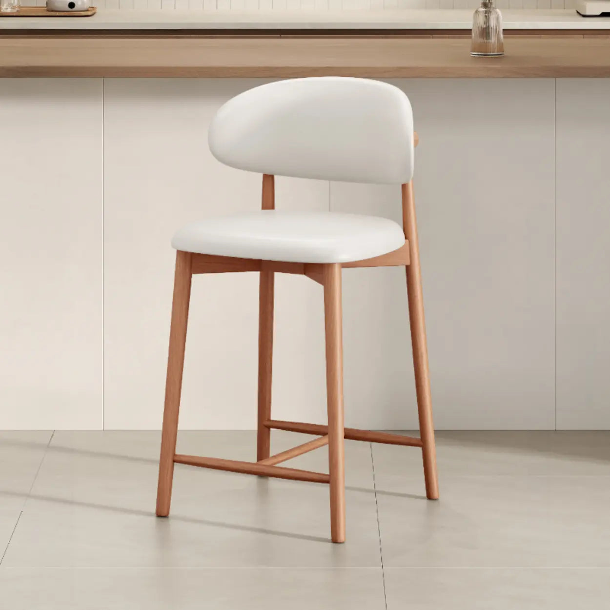 Modern Upholstered Low-Back Counter Bar Chair — Leather / Walnut