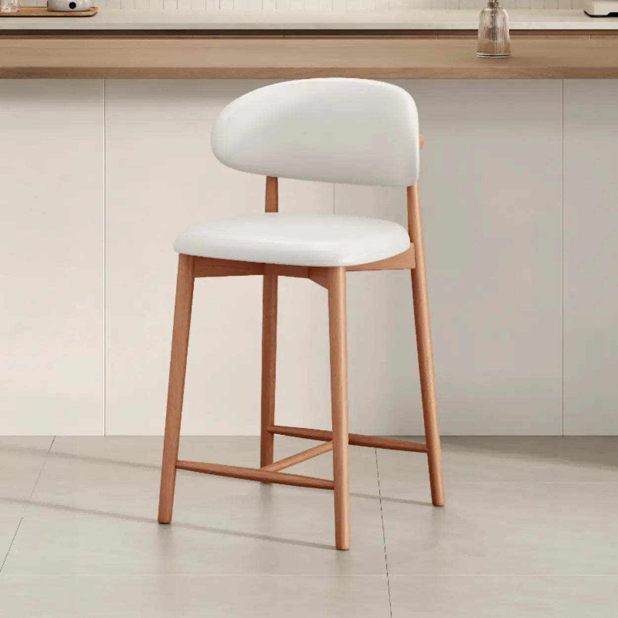 Modern Upholstered Low-Back Counter Bar Chair — Leather / Walnut