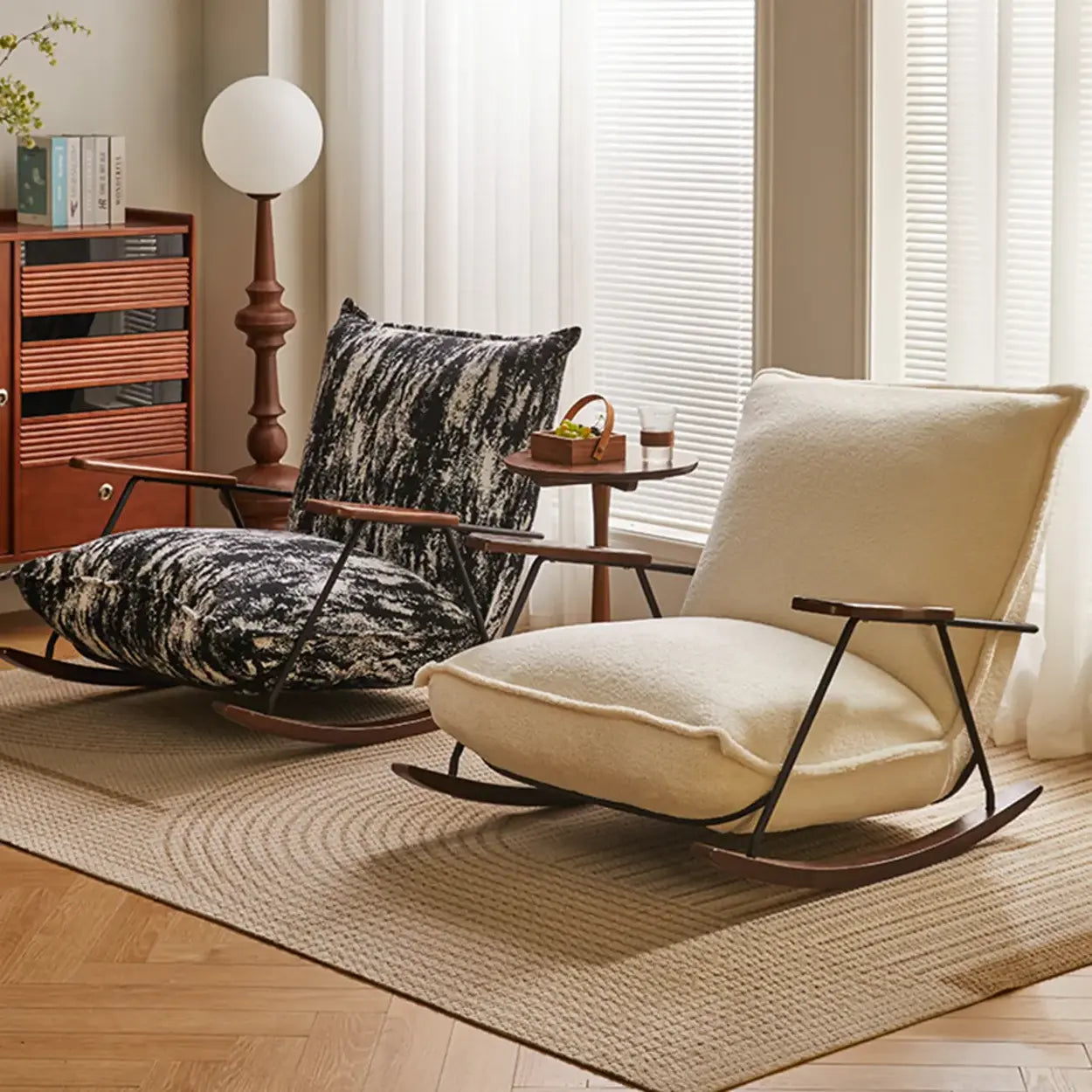 Modern Upholstered Metal Rubberwood Sled Rocking Chair
