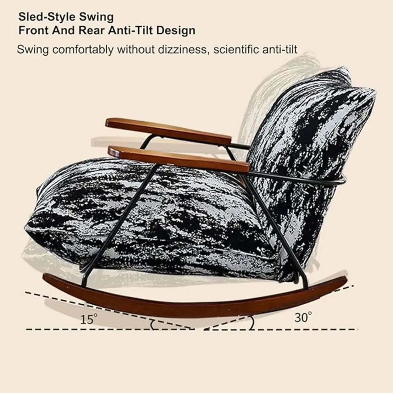 Modern Upholstered Metal Rubberwood Sled Rocking Chair — Patterned White