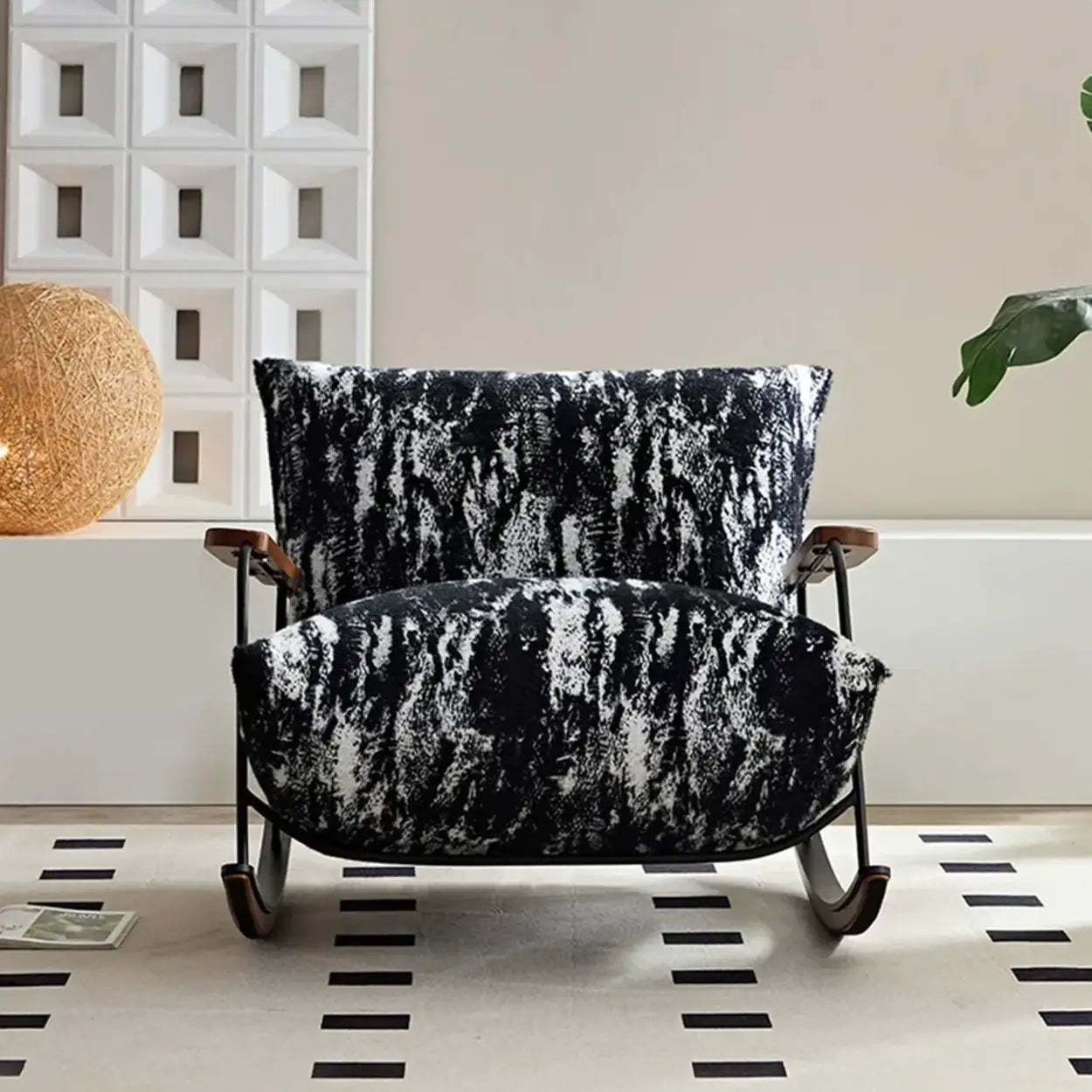 Modern Upholstered Metal Rubberwood Sled Rocking Chair — Off-white (Teddy Fleece)