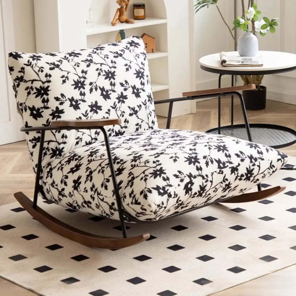Modern Upholstered Metal Rubberwood Sled Rocking Chair