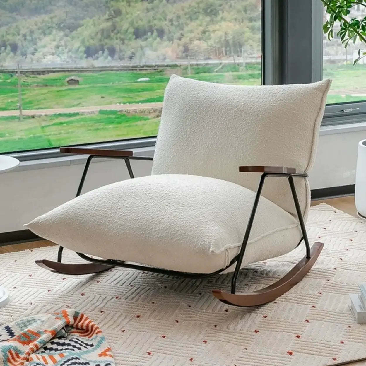 Modern Upholstered Metal Rubberwood Sled Rocking Chair