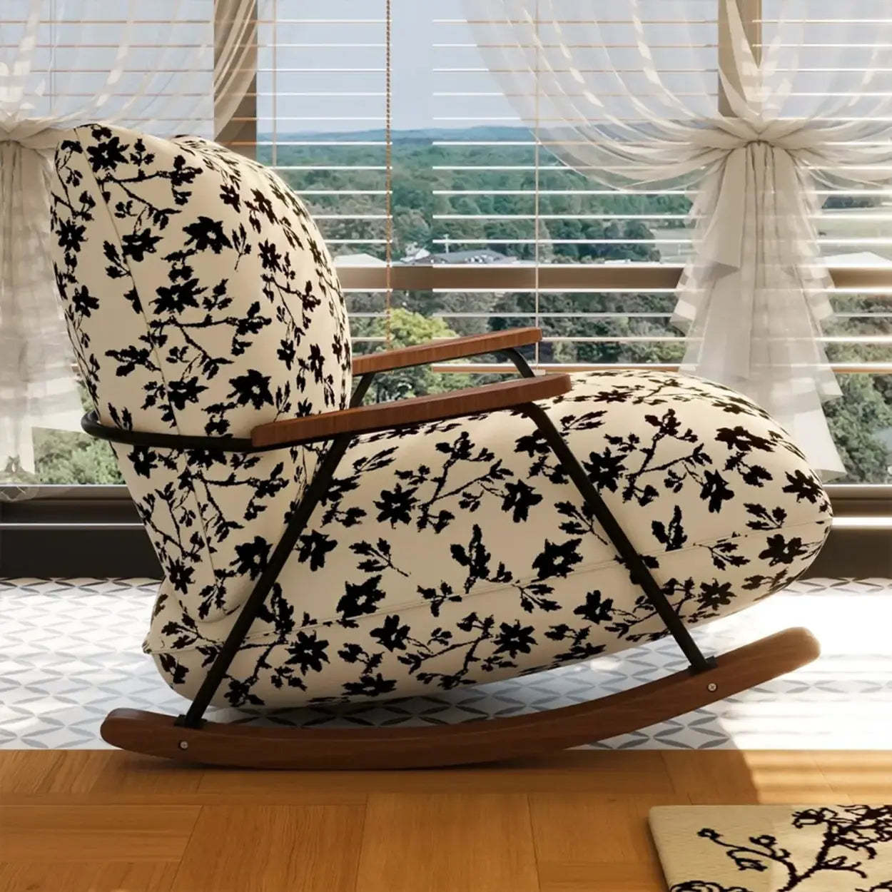 Modern Upholstered Metal Rubberwood Sled Rocking Chair