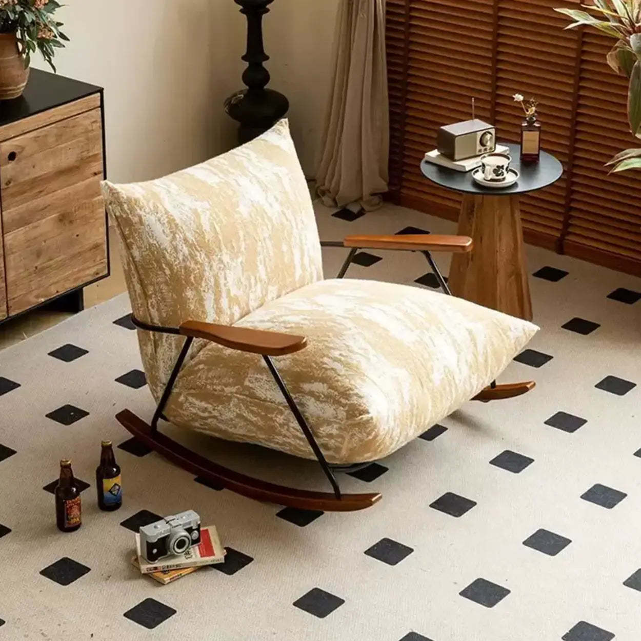 Modern Upholstered Metal Rubberwood Sled Rocking Chair