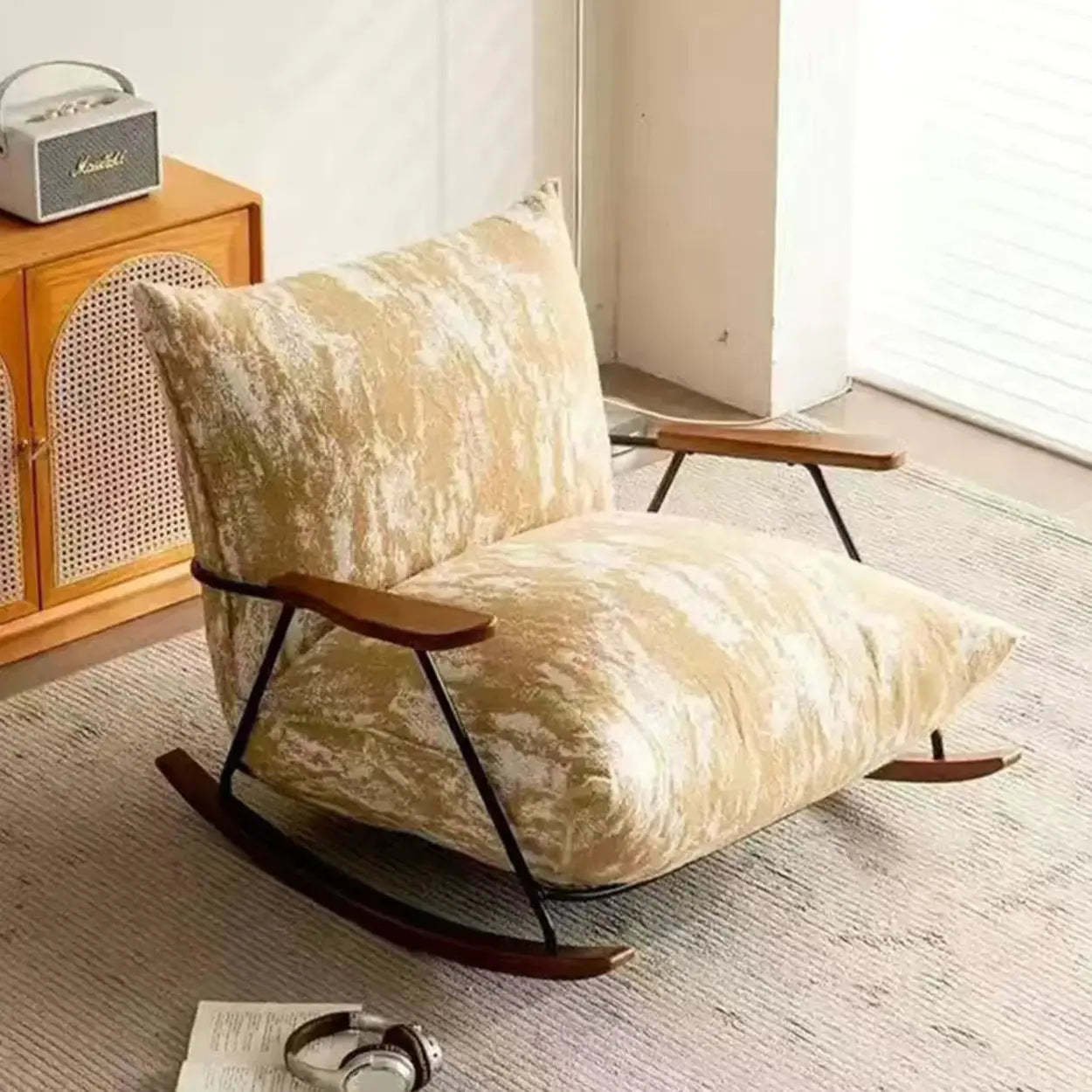 Modern Upholstered Metal Rubberwood Sled Rocking Chair