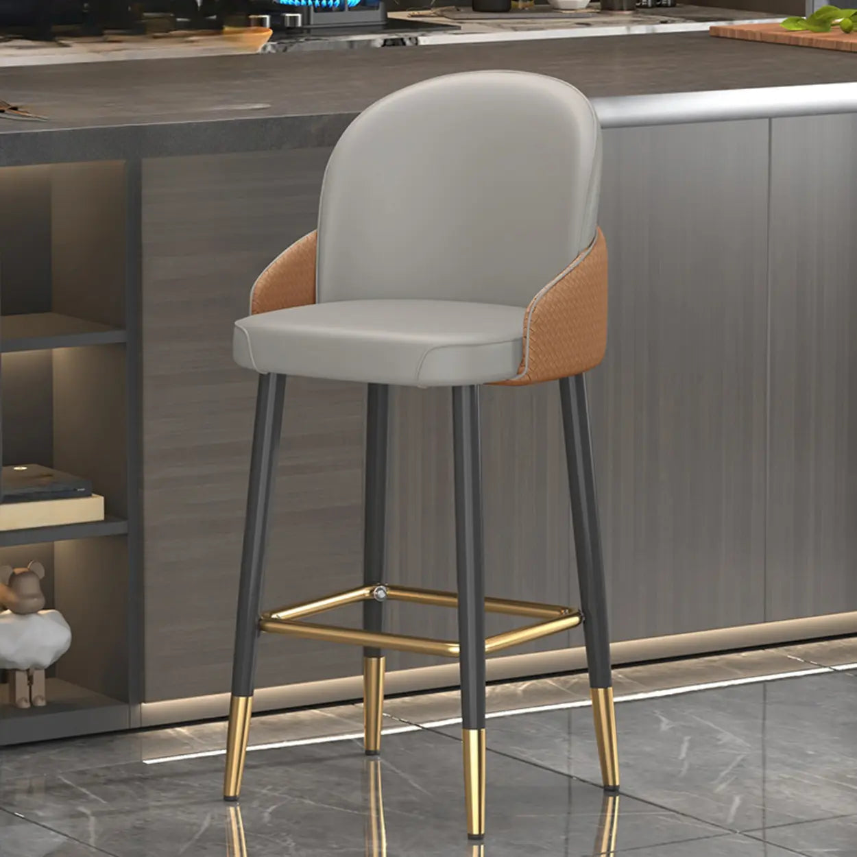 Modern Swivel Leather Bar Stool with Metal Legs — Dark Gray/ Light Gray