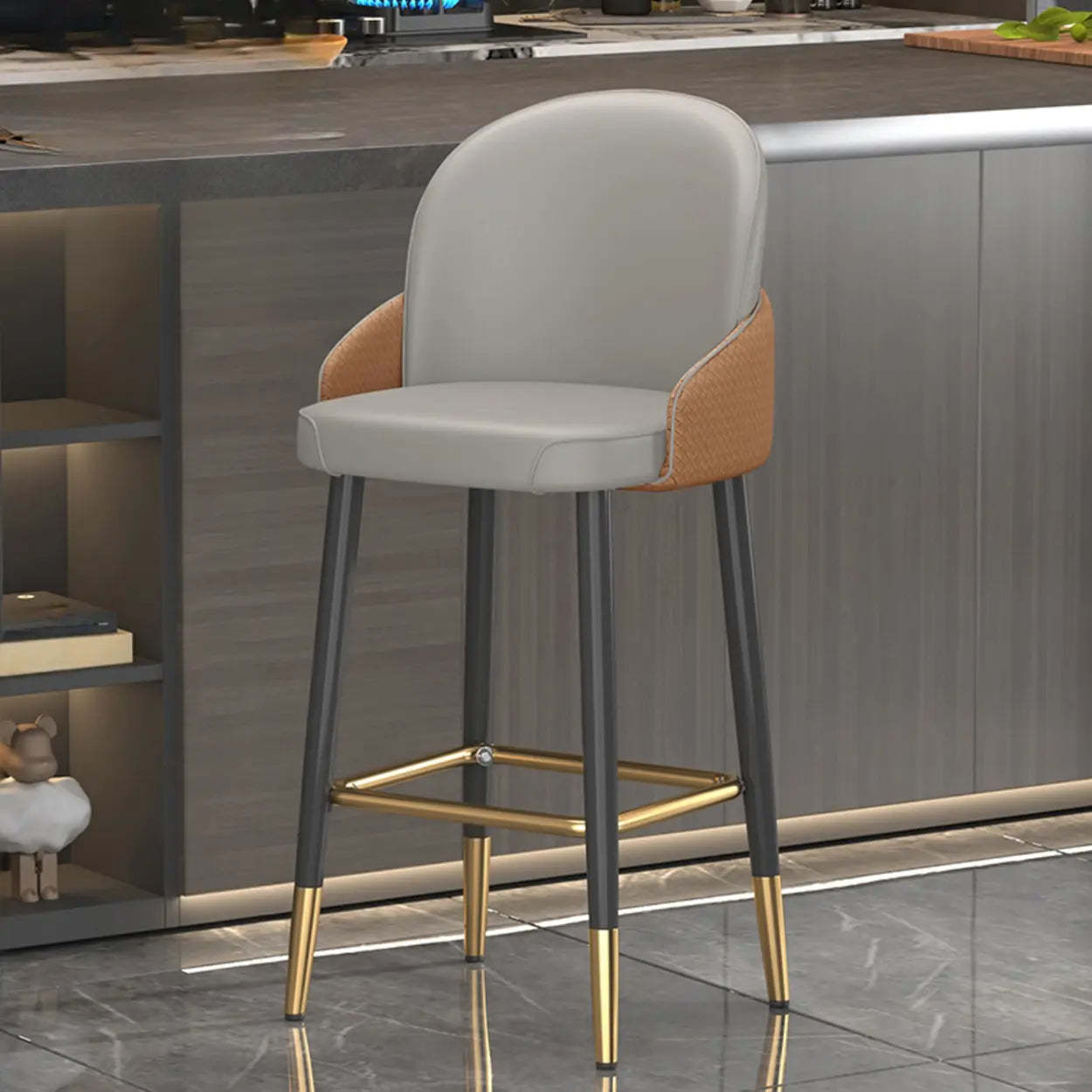 Modern Swivel Leather Bar Stool with Metal Legs — Dark Gray/ Light Gray