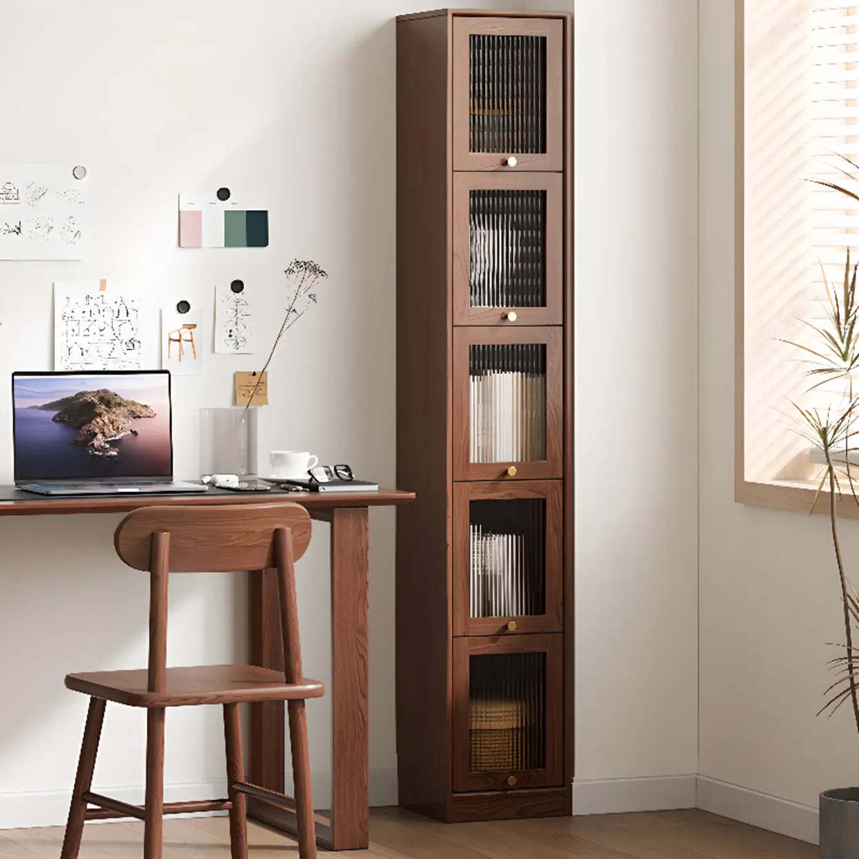 Modern Brown Vertical Tall Narrow Bookcase