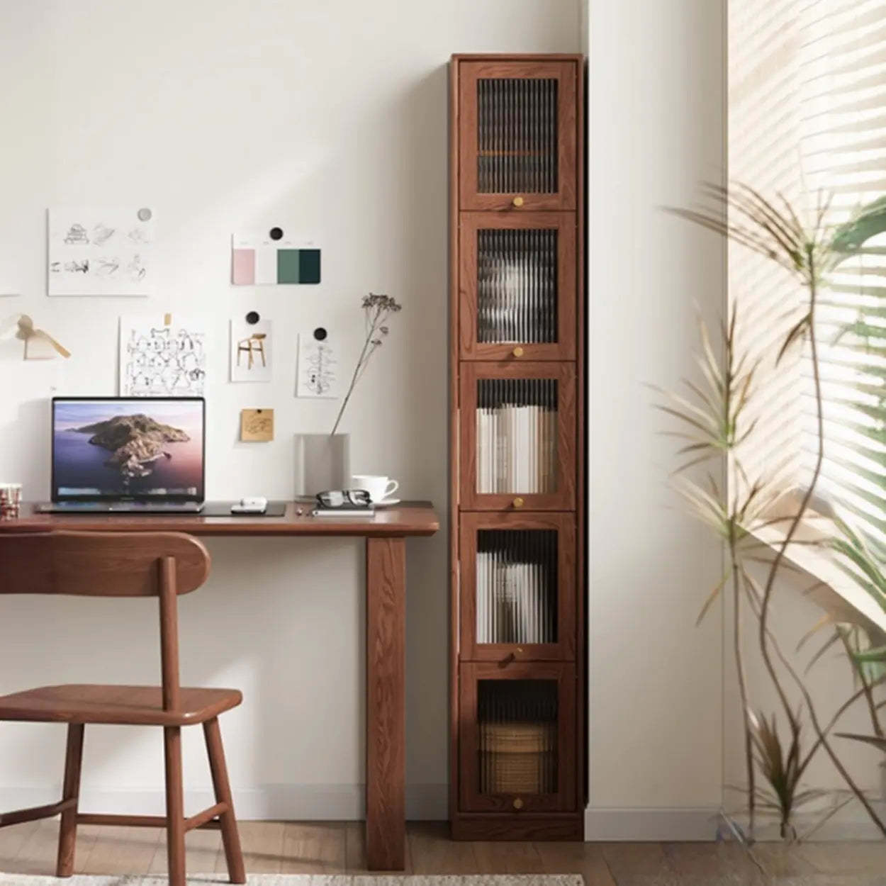 Modern Brown Vertical Tall Narrow Bookcase — White