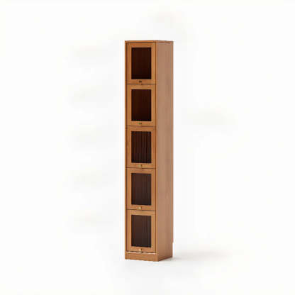 Modern Brown Vertical Tall Narrow Bookcase — Cherry Wood