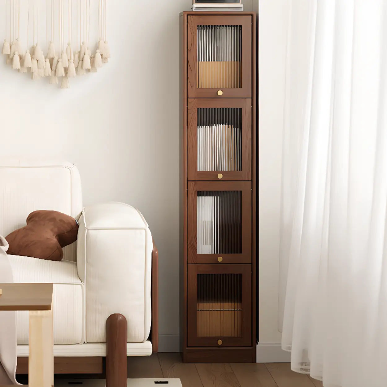Modern Brown Vertical Tall Narrow Bookcase — Walnut