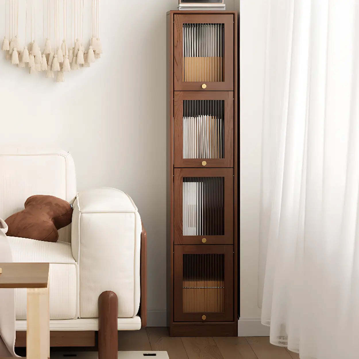 Modern Brown Vertical Tall Narrow Bookcase — Walnut