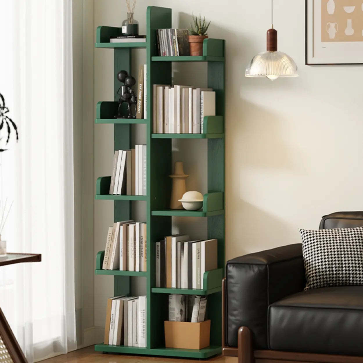 Modern Tree Tiered Wood Corner Bookshelf — Black