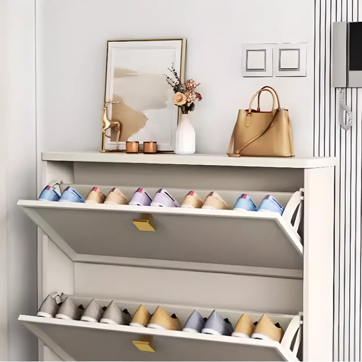 Modern White Wood Vertical Large Shoe Cabinet — 3 Doors