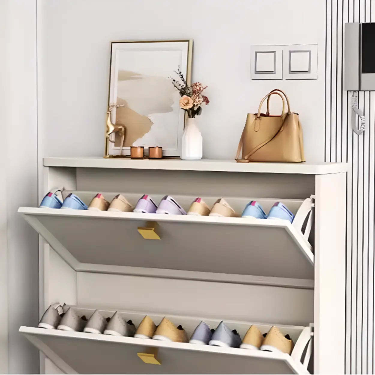 Modern White Wood Vertical Large Shoe Cabinet — 3 Doors