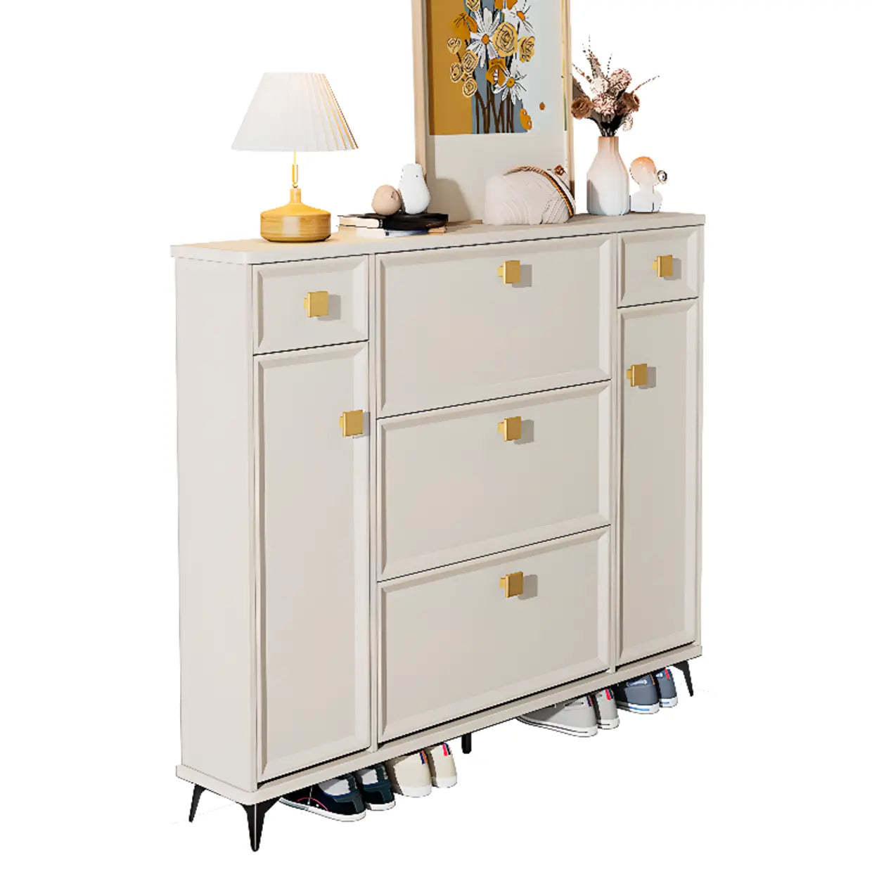 Modern White Wood Vertical Large Shoe Cabinet — 3 Doors