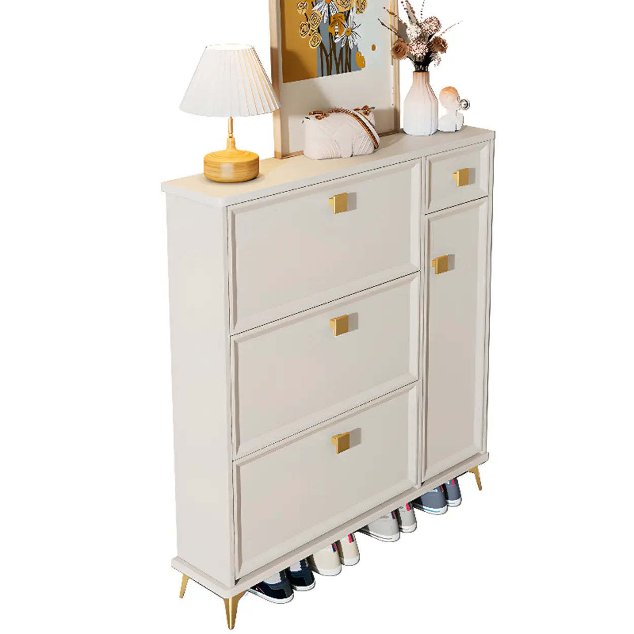Modern White Wood Vertical Large Shoe Cabinet — Six Doors