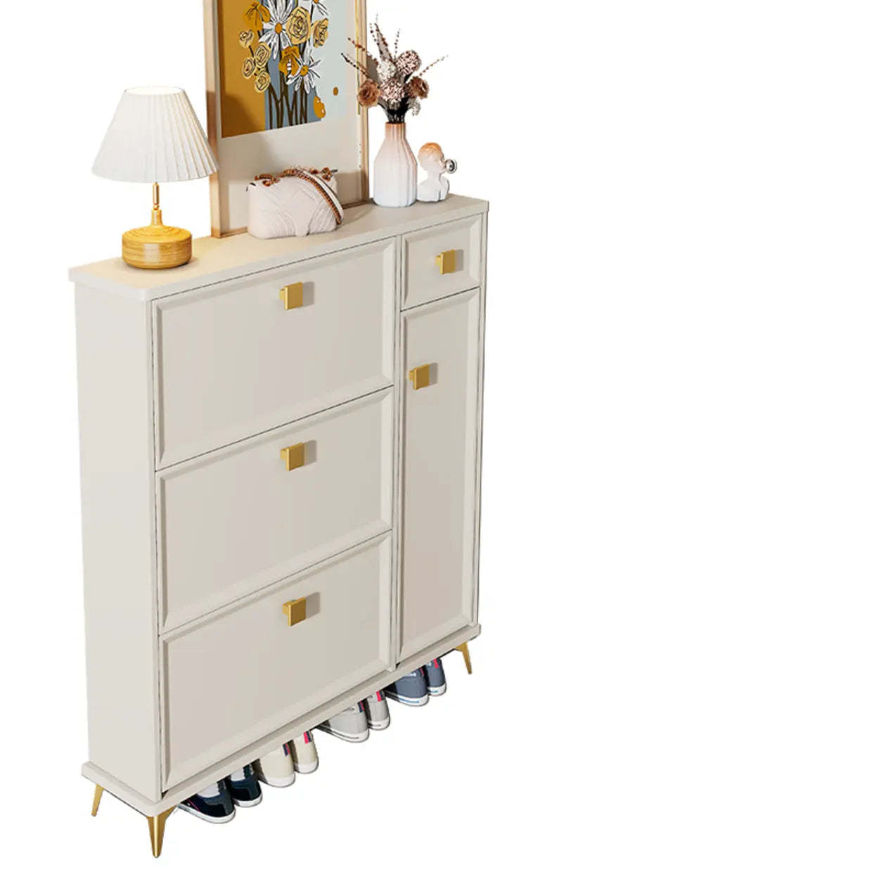 Modern White Wood Vertical Large Shoe Cabinet — 3 Doors