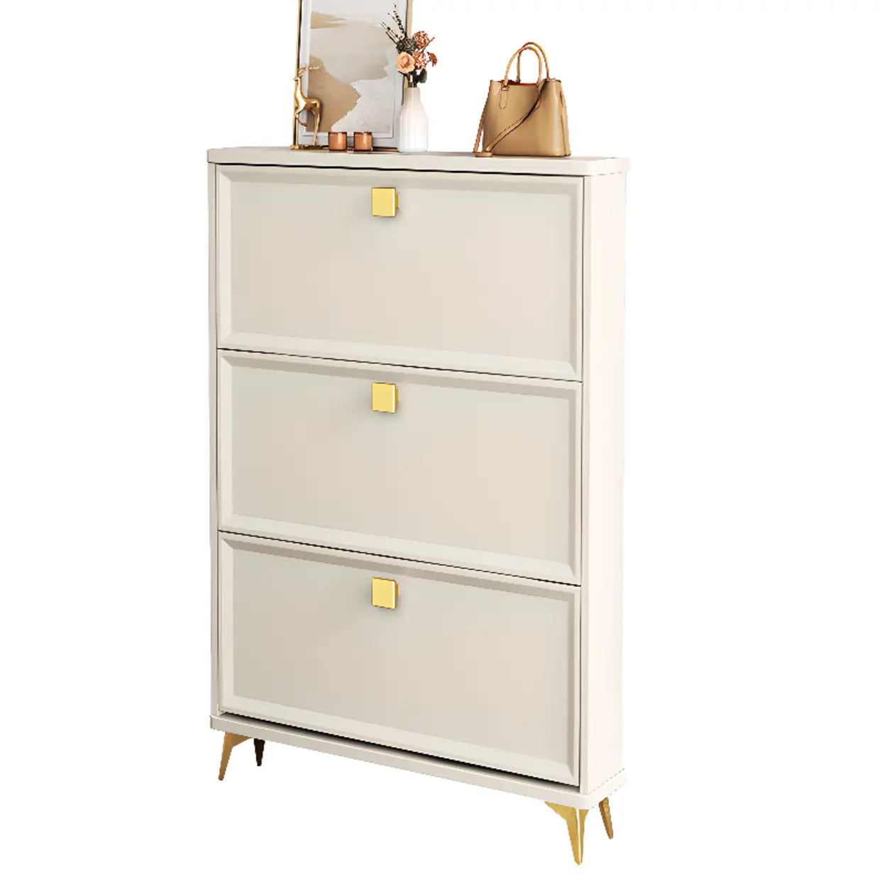 Modern White Wood Vertical Large Shoe Cabinet — 3 Doors