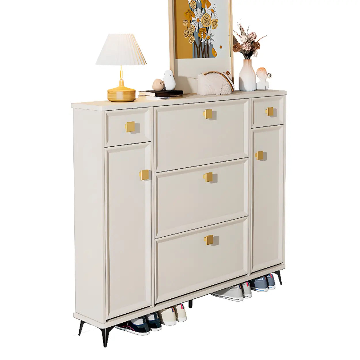 Modern White Wood Vertical Large Shoe Cabinet — 3 Doors