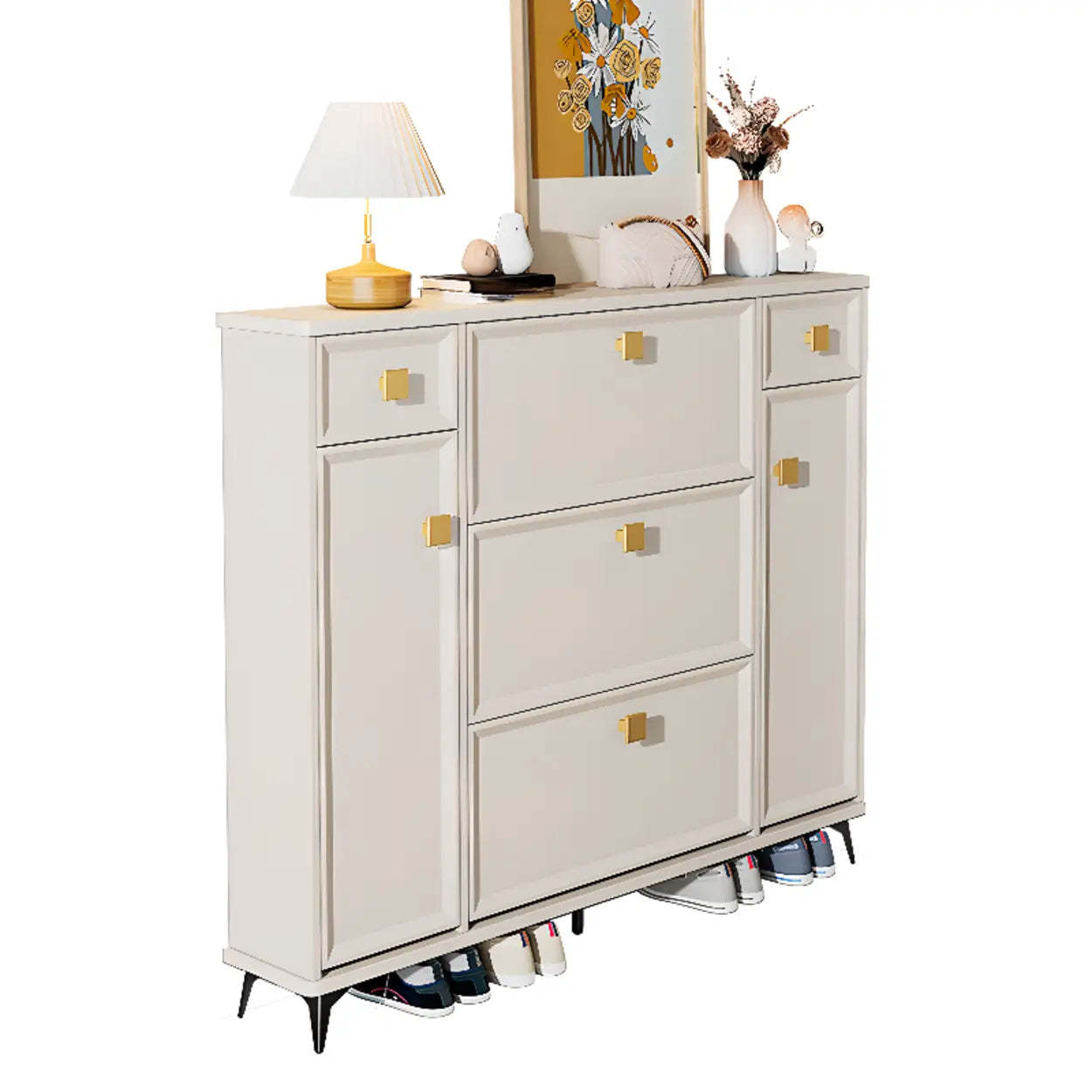 Modern White Wood Vertical Large Shoe Cabinet — 3 Doors
