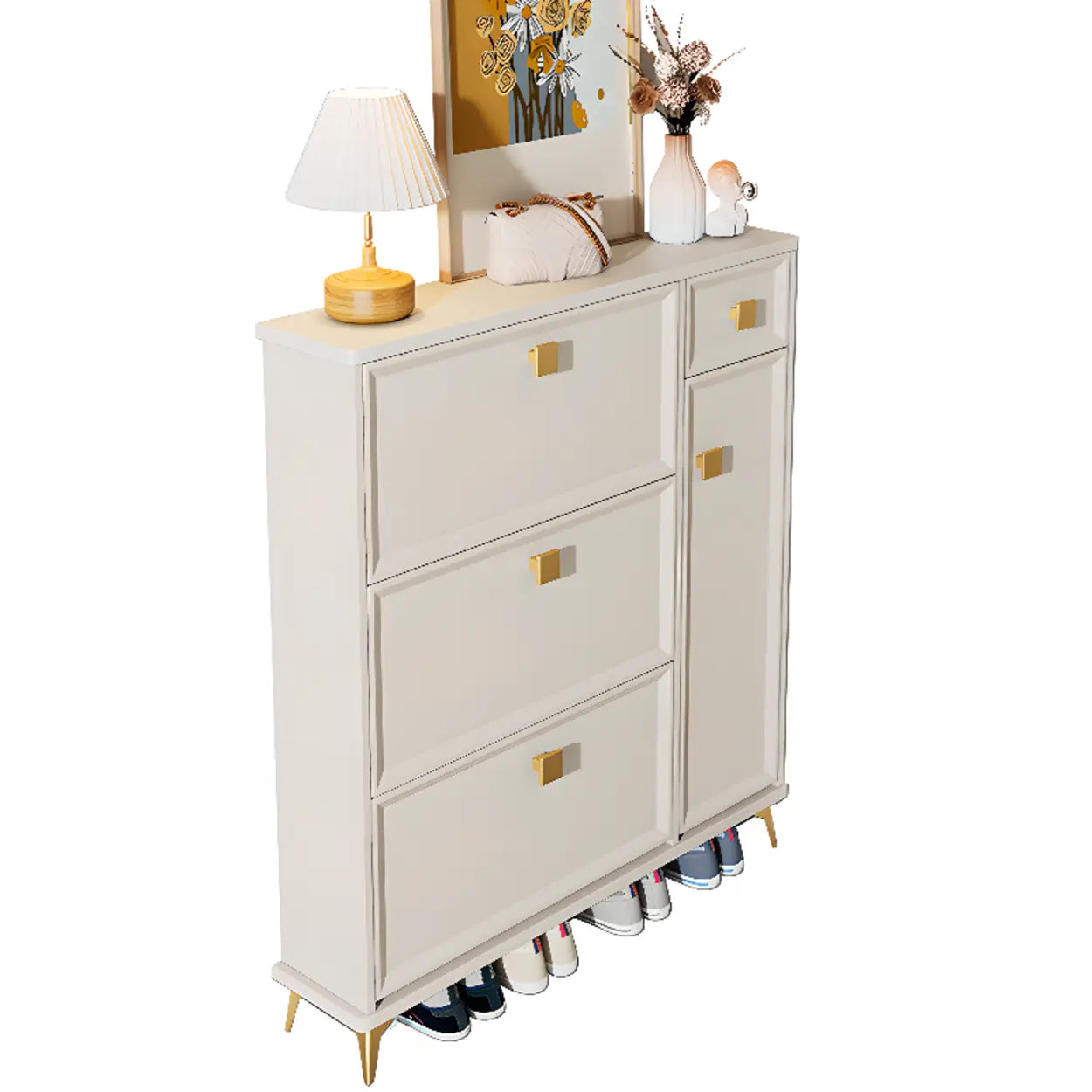 Modern White Wood Vertical Large Shoe Cabinet — 3 Doors