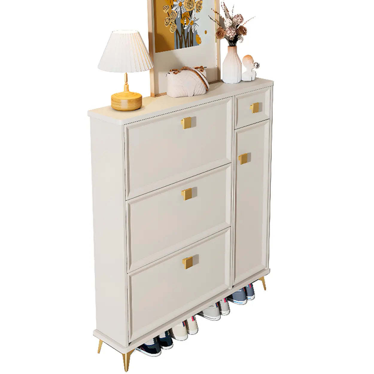 Modern White Wood Vertical Large Shoe Cabinet — 3 Doors