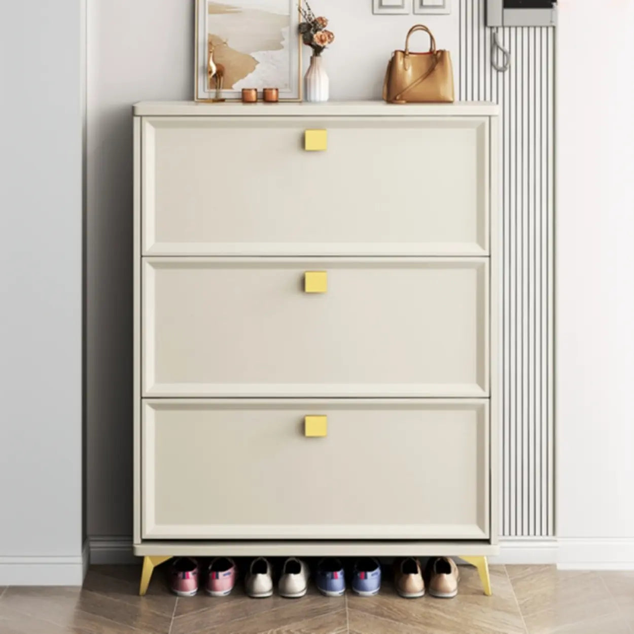 Modern White Wood Vertical Large Shoe Cabinet — 3 Doors