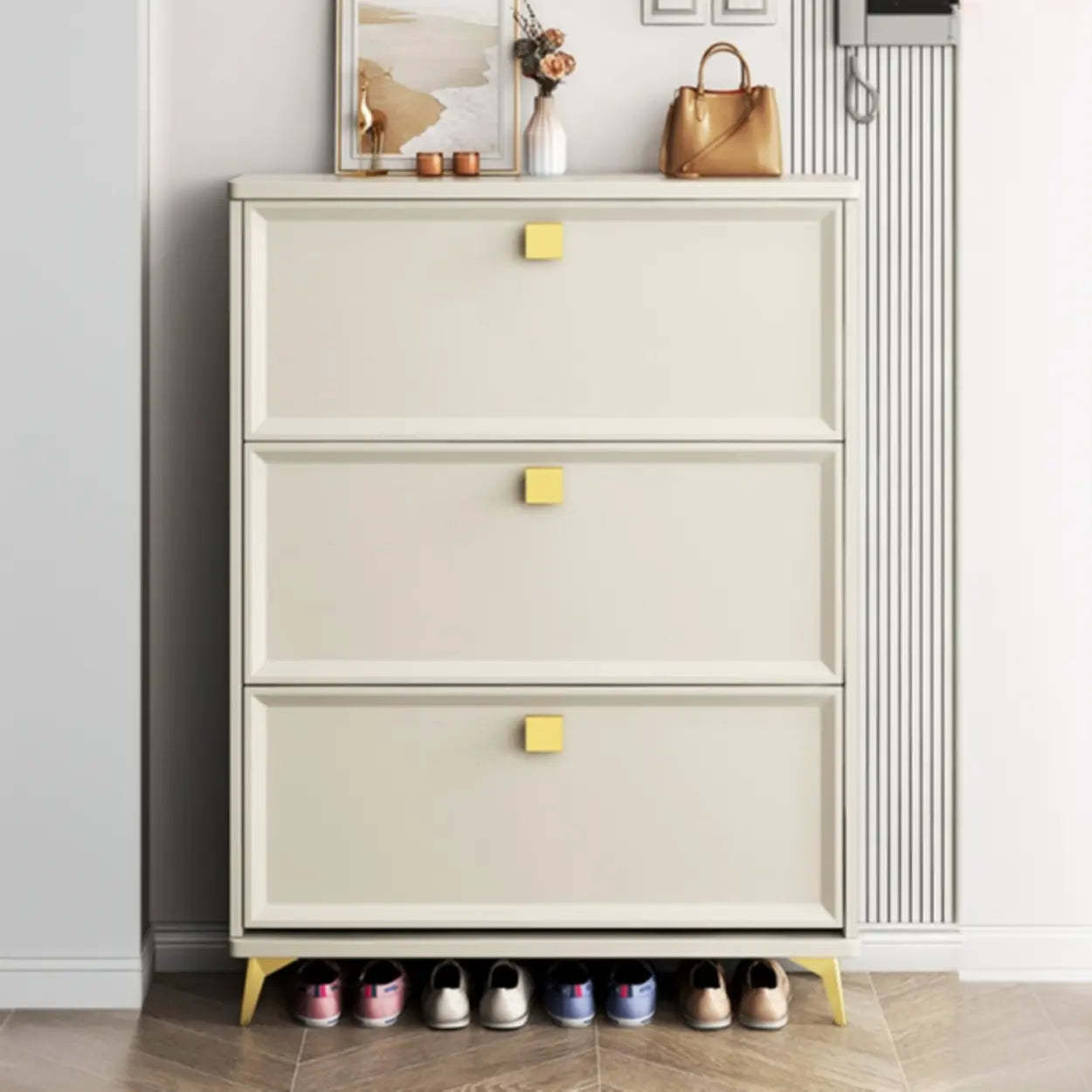 Modern White Wood Vertical Large Shoe Cabinet — 3 Doors