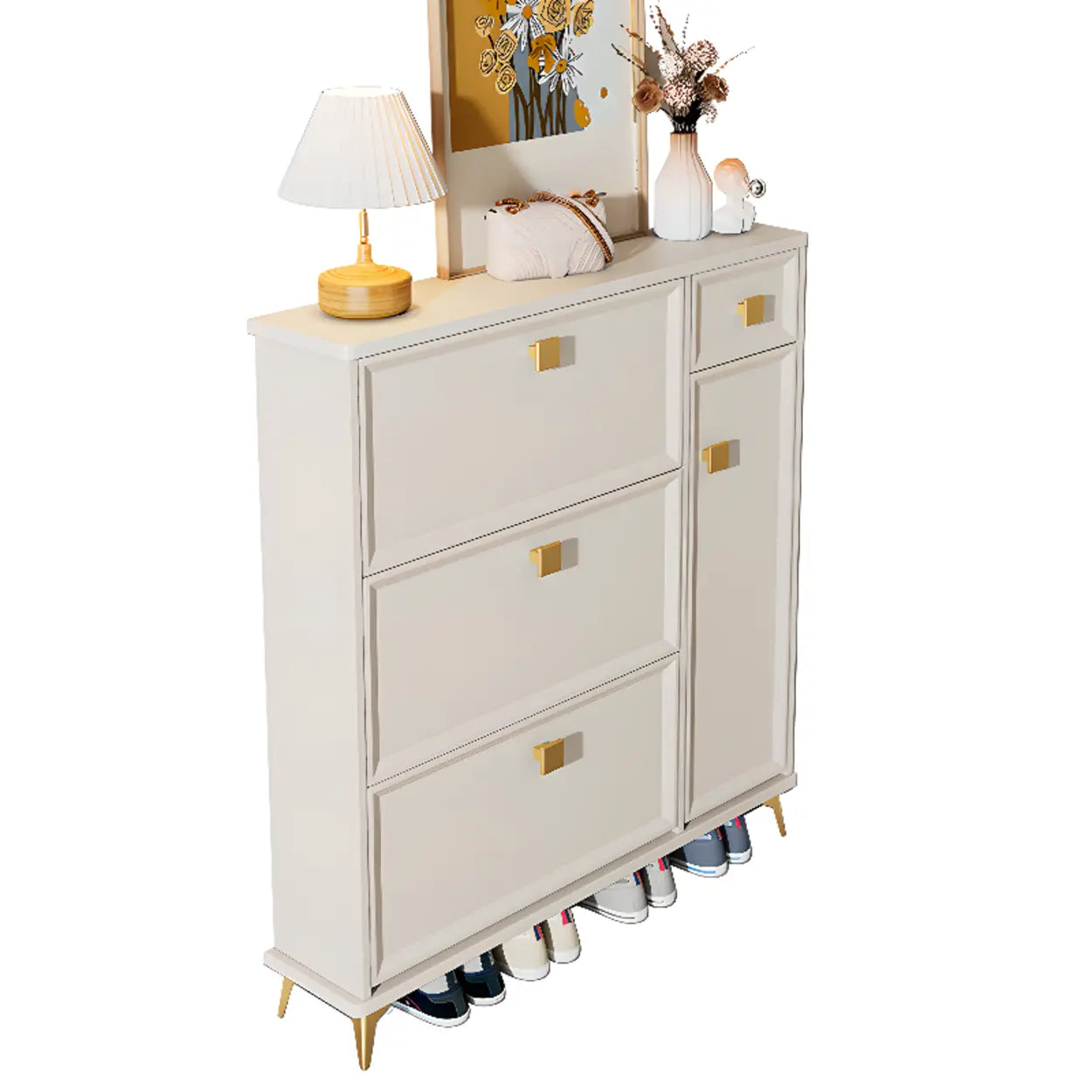 Modern White Wood Vertical Large Shoe Cabinet — Six Doors