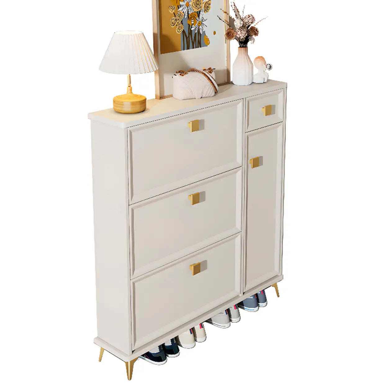 Modern White Wood Vertical Large Shoe Cabinet — Six Doors