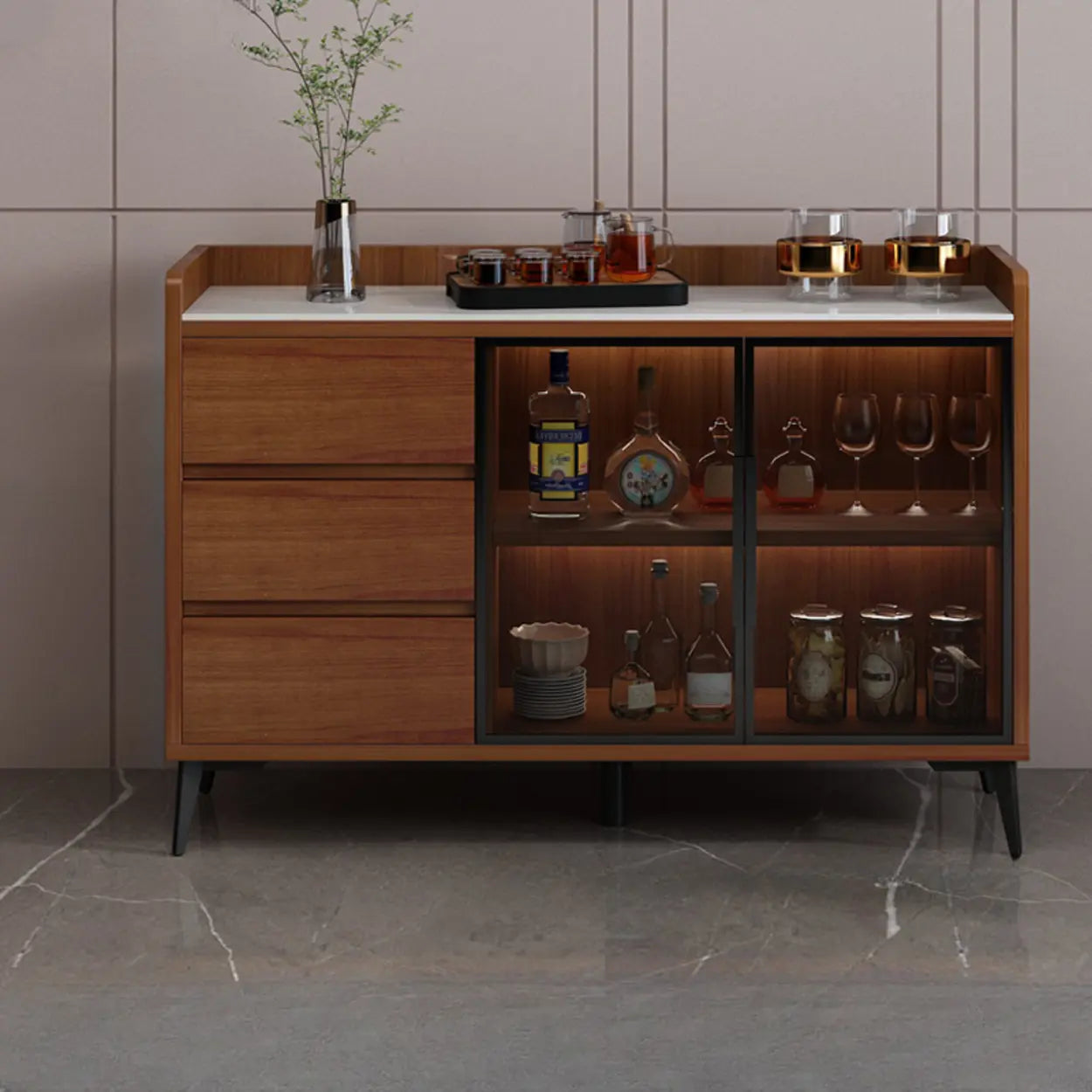 Modern Walnut Wood Large Wine Rack Cabinet — Khaki/White