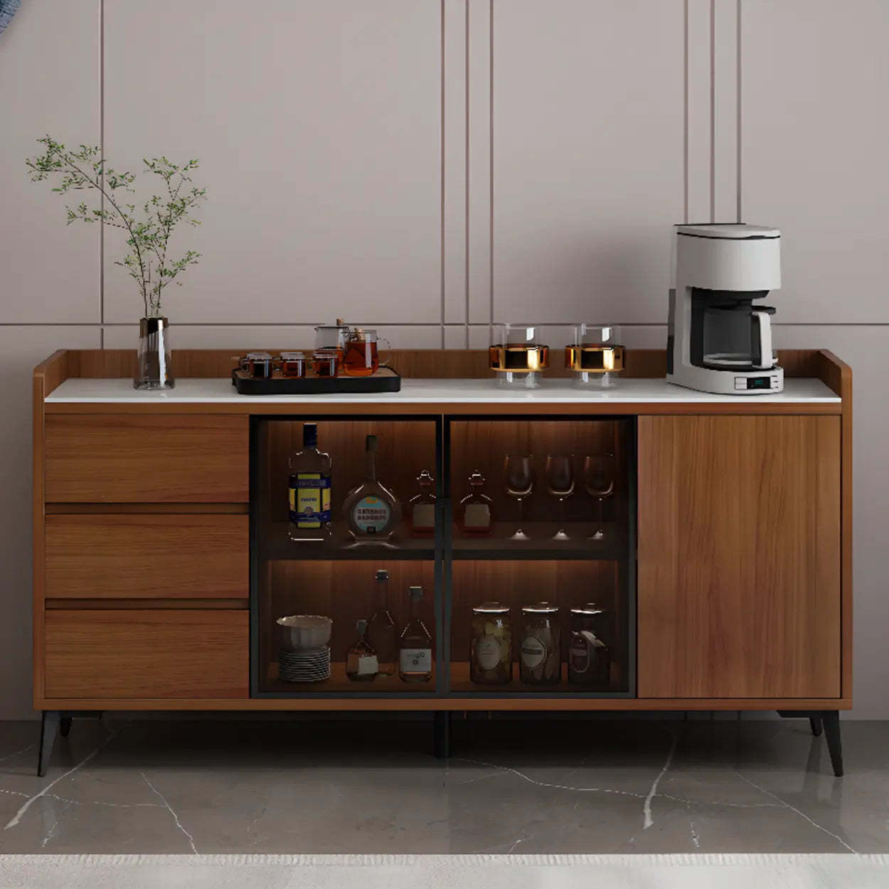 Modern Walnut Wood Large Wine Rack Cabinet — Gray/White