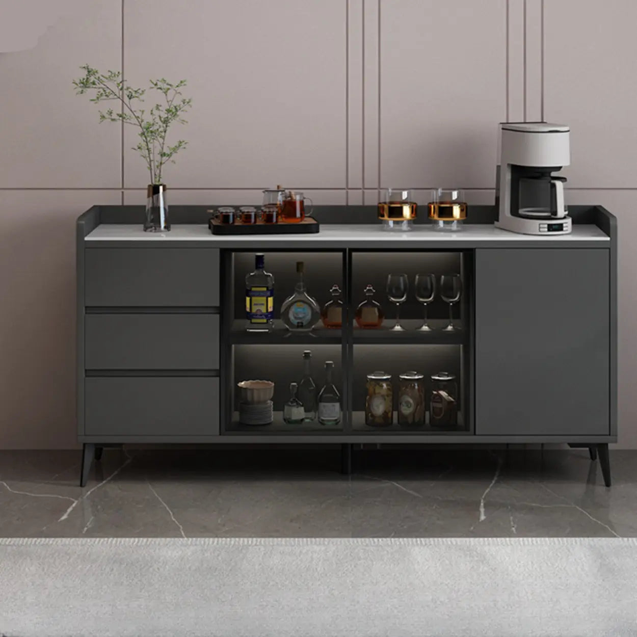 Modern Walnut Wood Large Wine Rack Cabinet — Gray/White