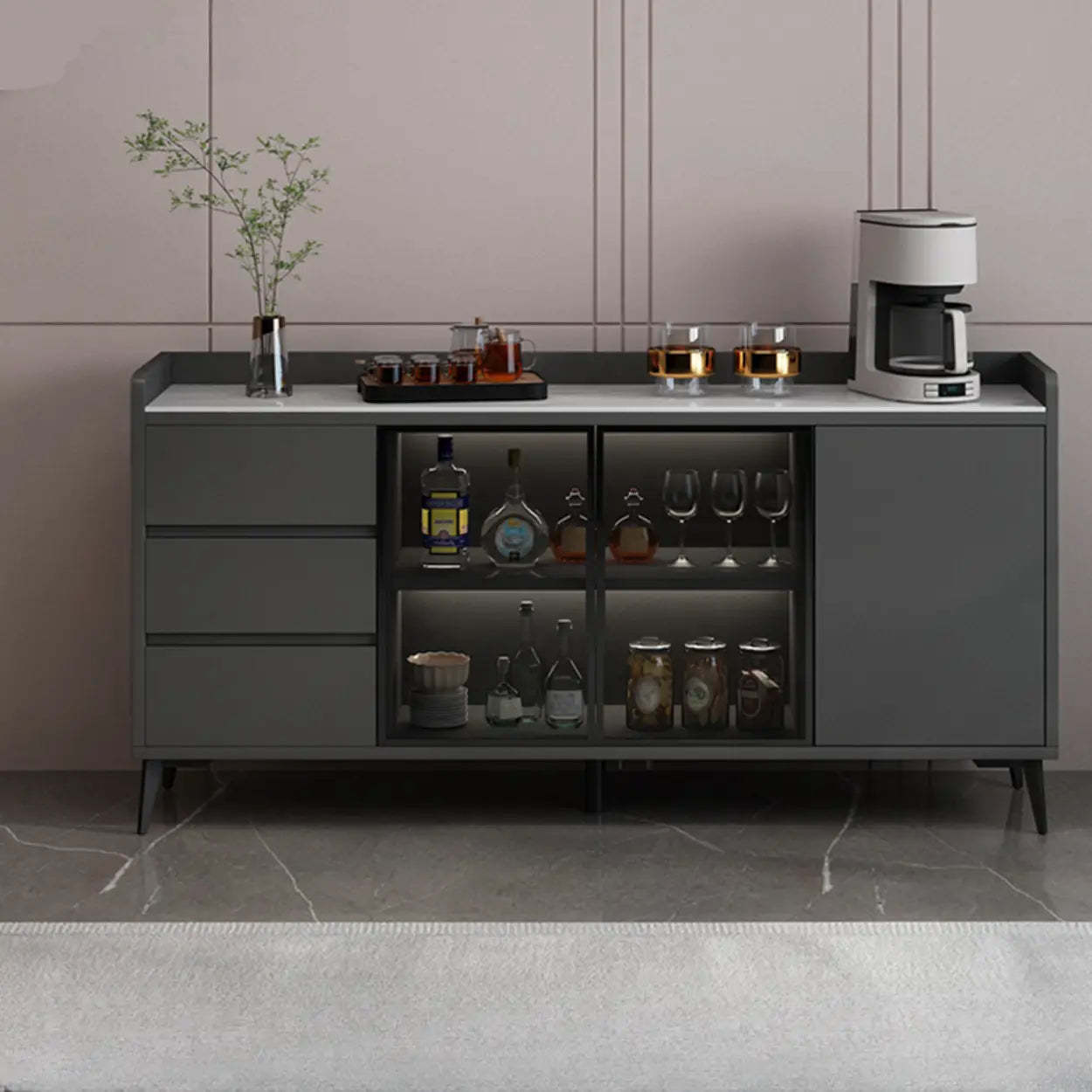 Modern Walnut Wood Large Wine Rack Cabinet — Gray/White