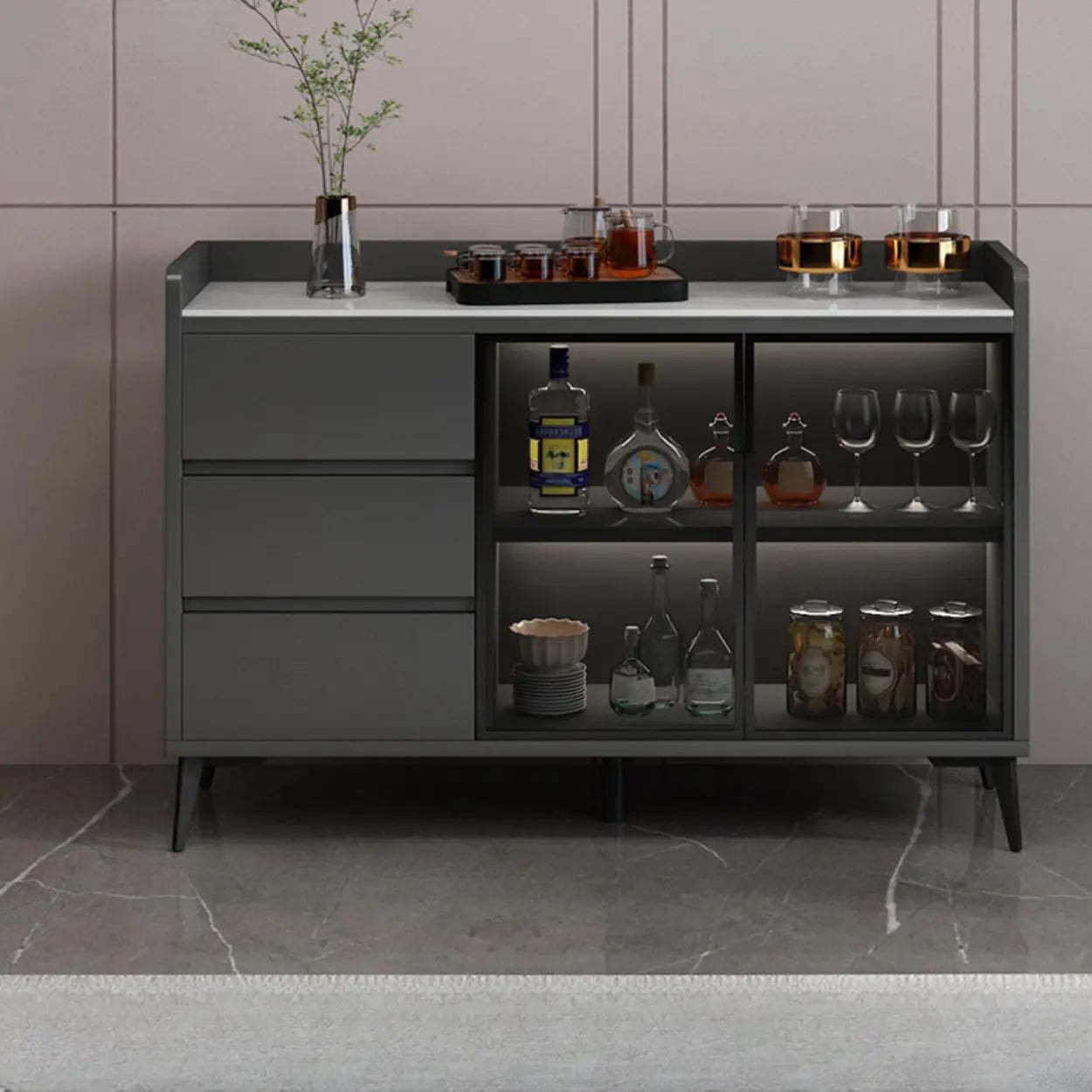 Modern Walnut Wood Large Wine Rack Cabinet — Gray/White