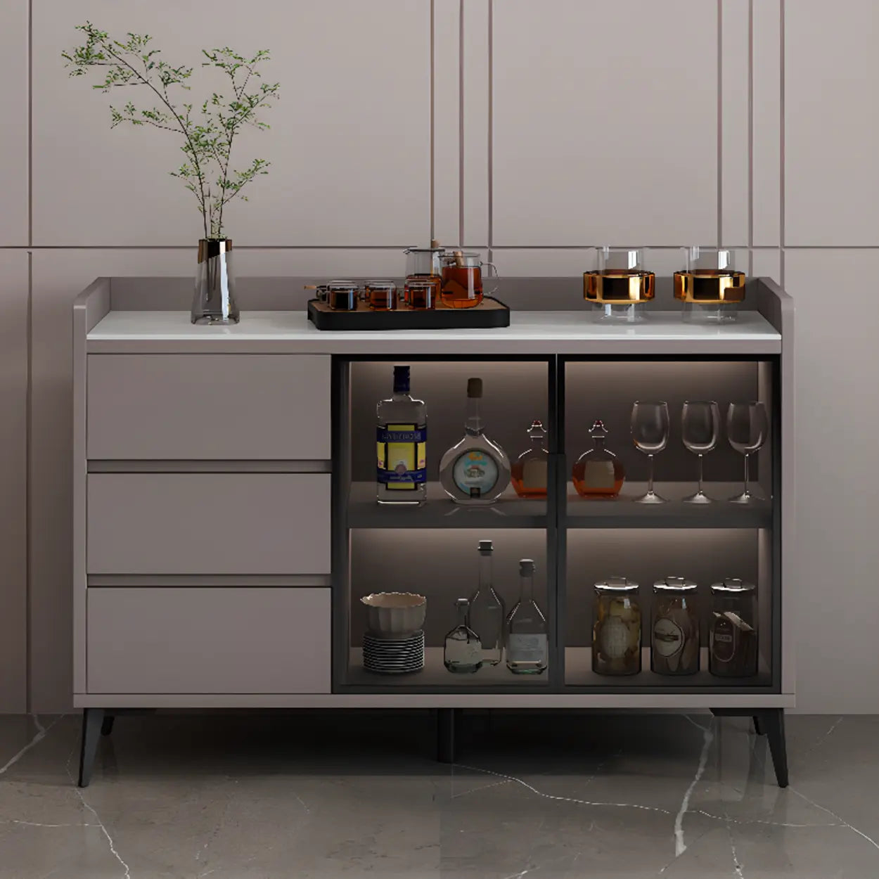 Modern Walnut Wood Large Wine Rack Cabinet — Gray/White