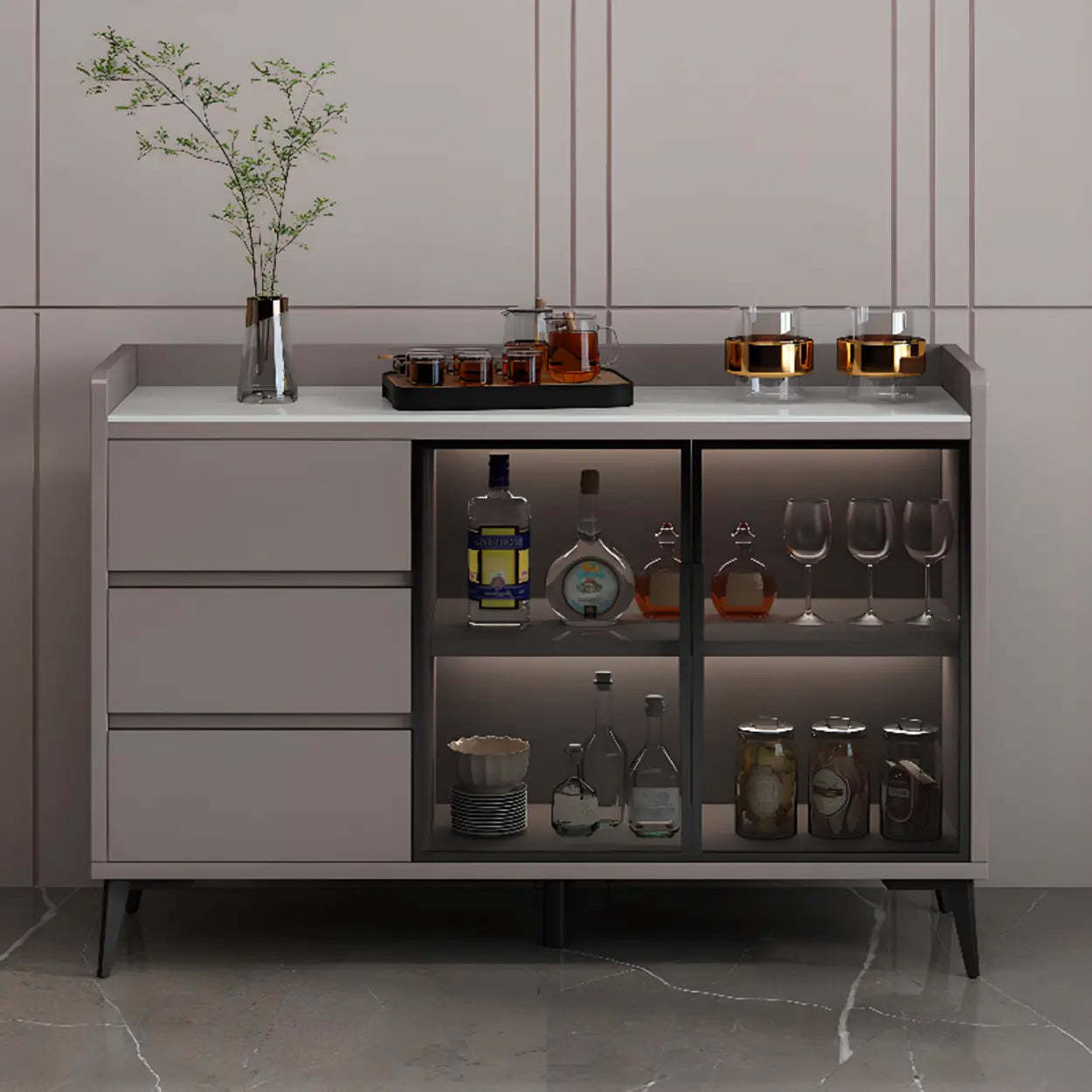 Modern Walnut Wood Large Wine Rack Cabinet — Gray/White