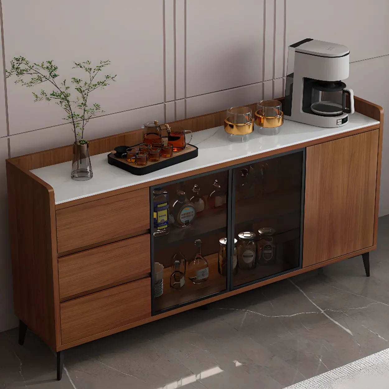 Modern Walnut Wood Large Wine Rack Cabinet — Walnut/White