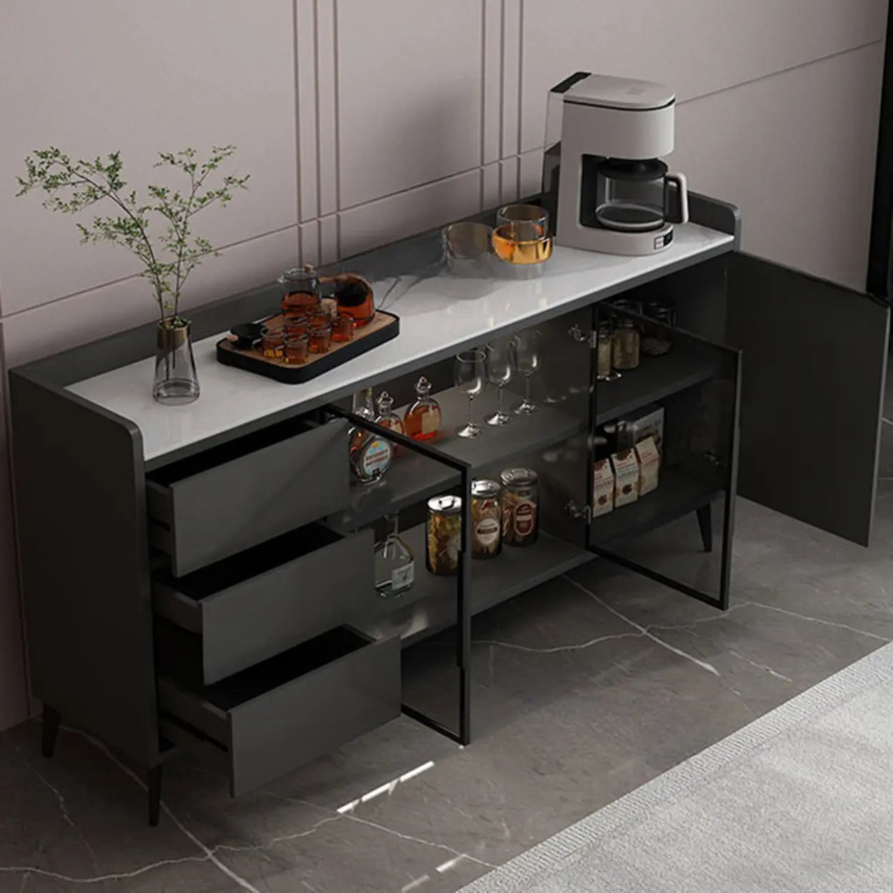 Modern Walnut Wood Large Wine Rack Cabinet — Walnut/White