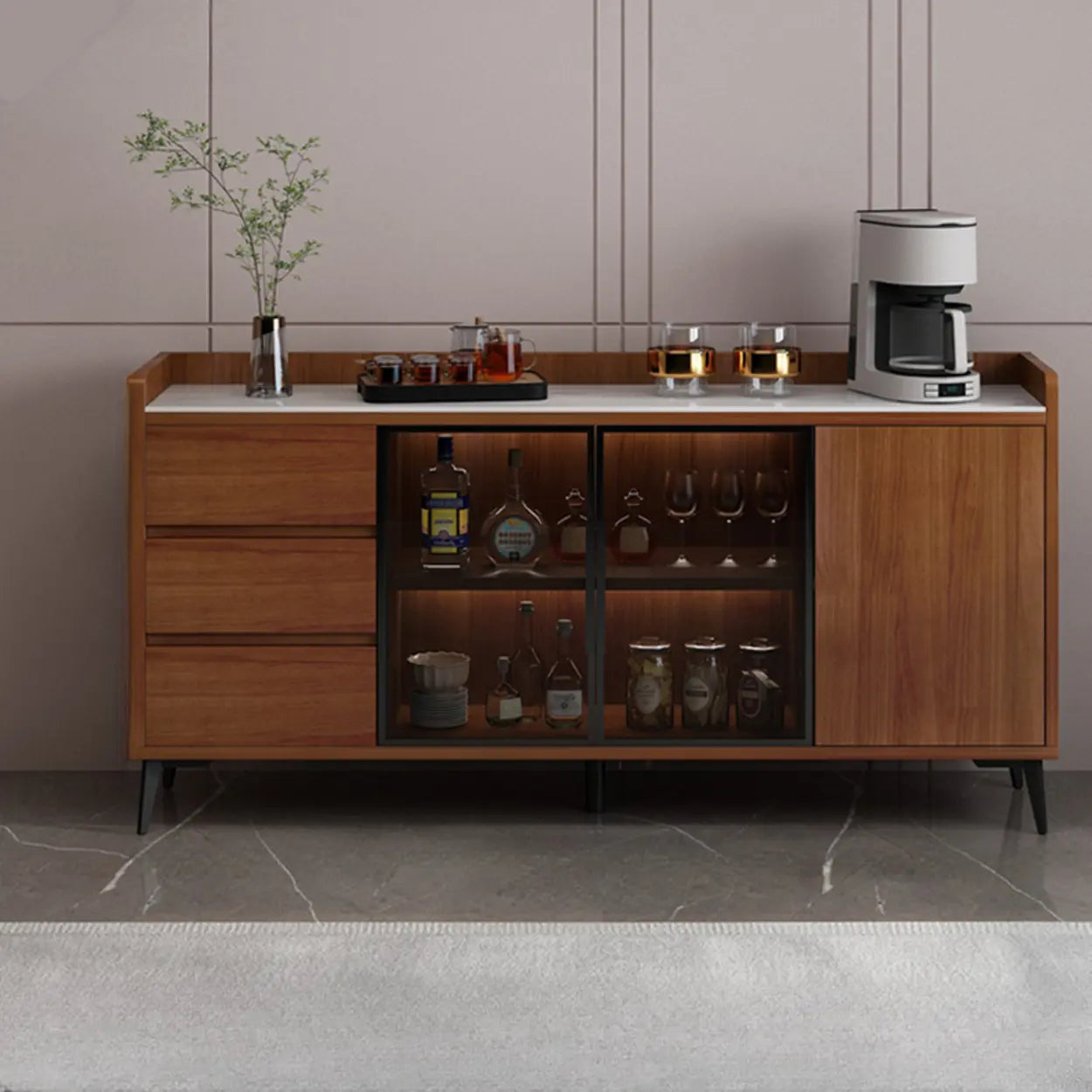 Modern Walnut Wood Large Wine Rack Cabinet — Khaki/White