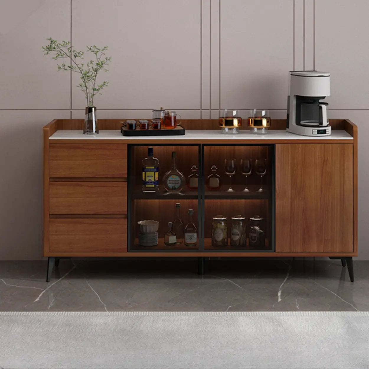 Modern Walnut Wood Large Wine Rack Cabinet — Khaki/White