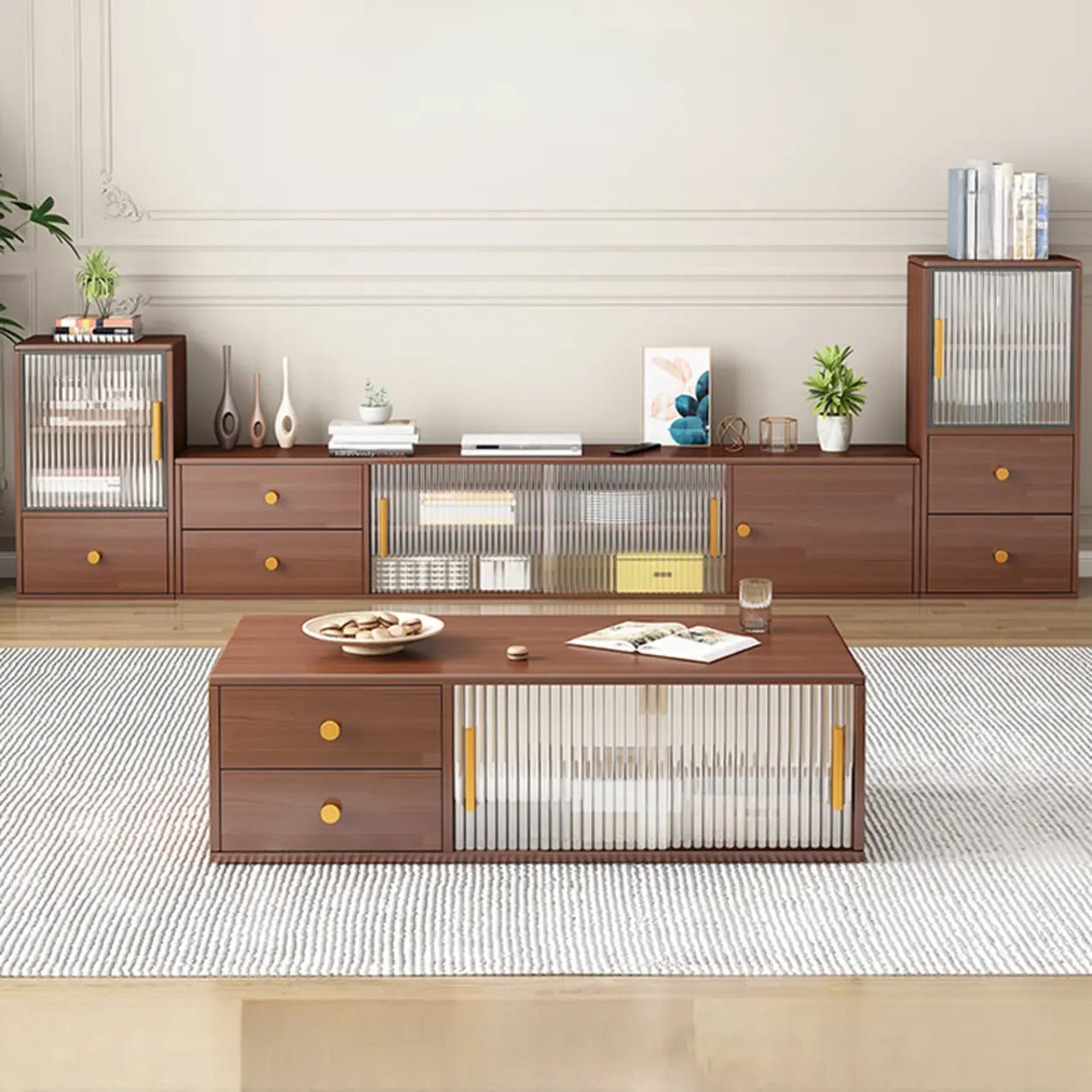 Modern Walnut Wood TV Stand with Cabinet