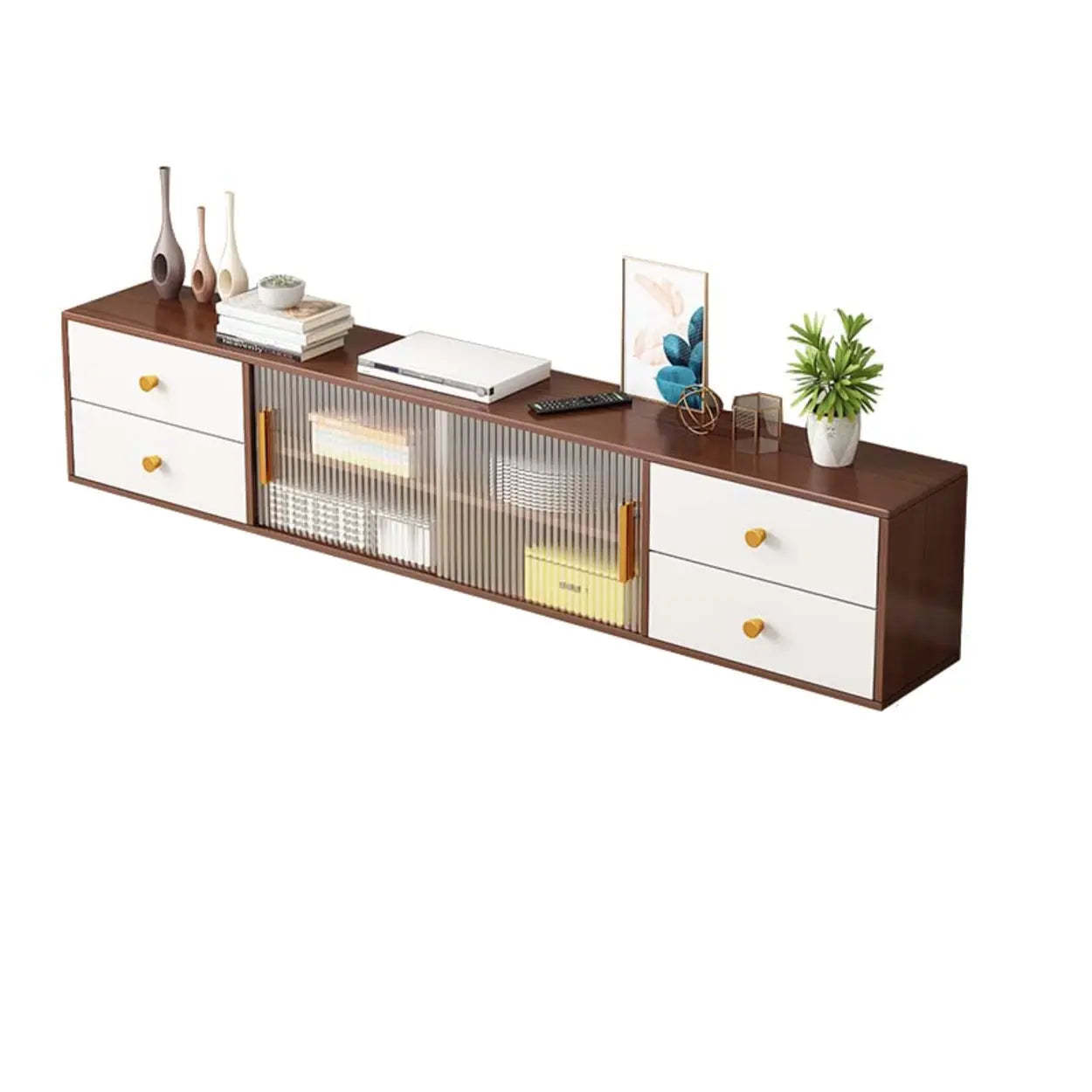 Modern Walnut Wood TV Stand with Cabinet — Brown/ White