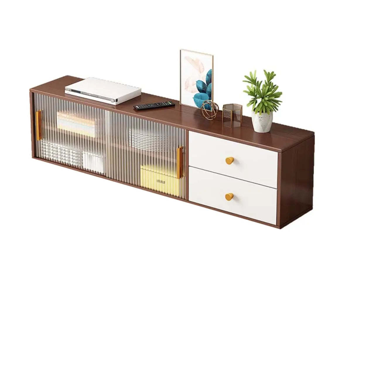 Modern Walnut Wood TV Stand with Cabinet — Brown